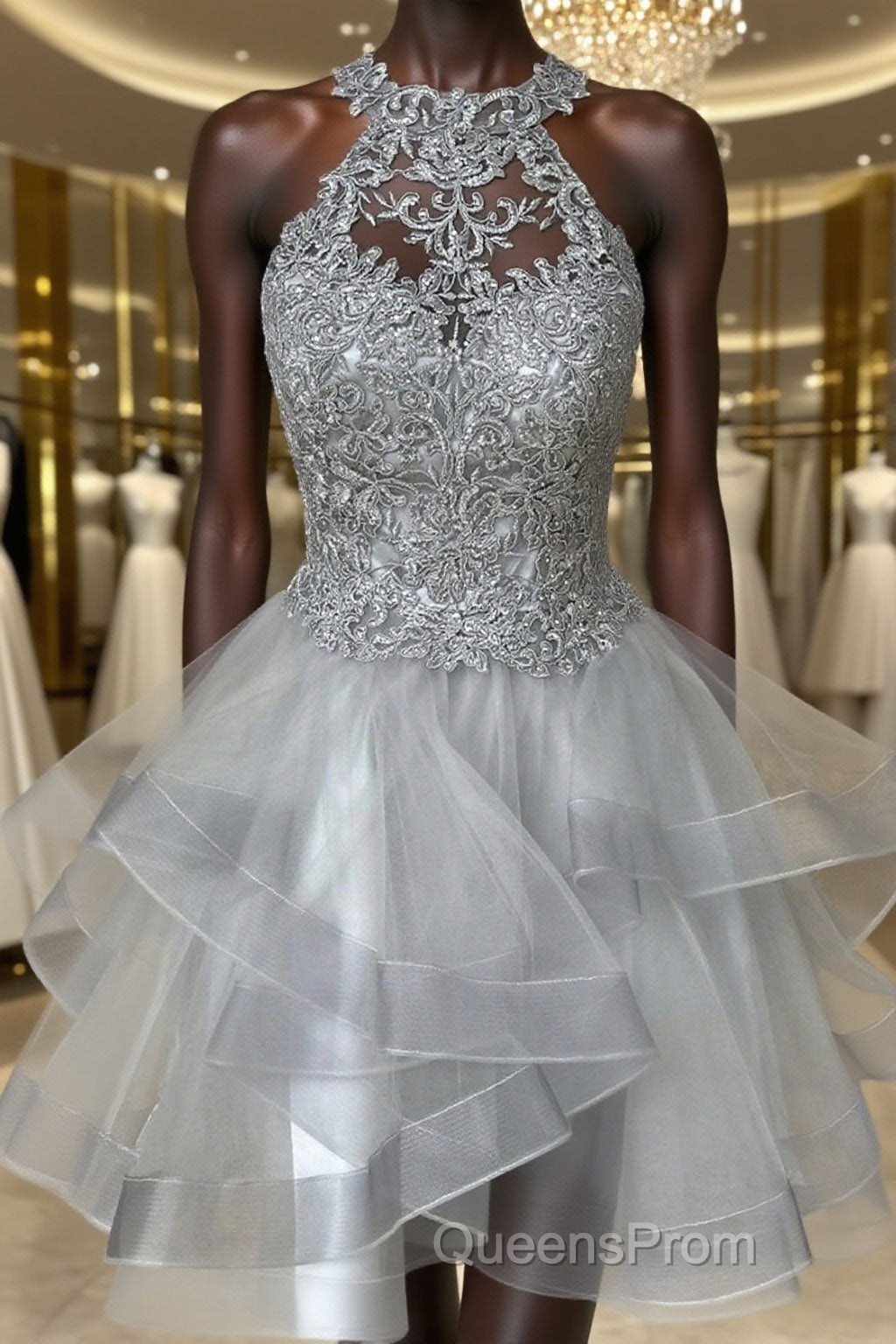Gray Lace Short Evening Prom Dress, Fluffy Gray Lace Homecoming Dress, Gray Formal Evening Dress Main image