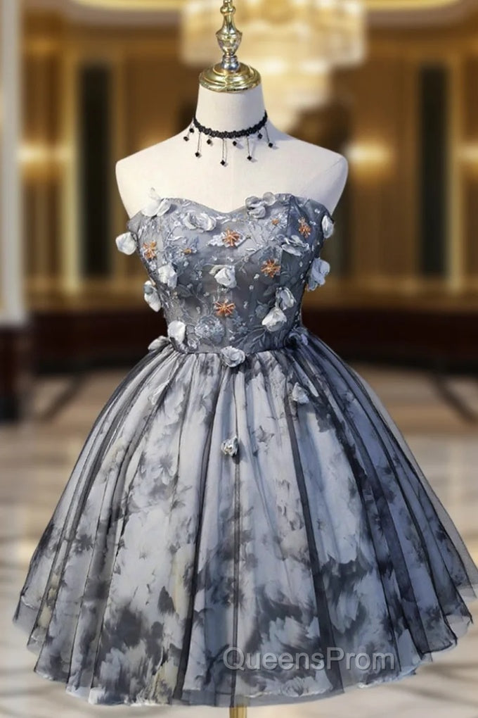 Gray Lace Strapless Short Evening Prom Dress, A-Line Sweetheart Neckline Party Dress