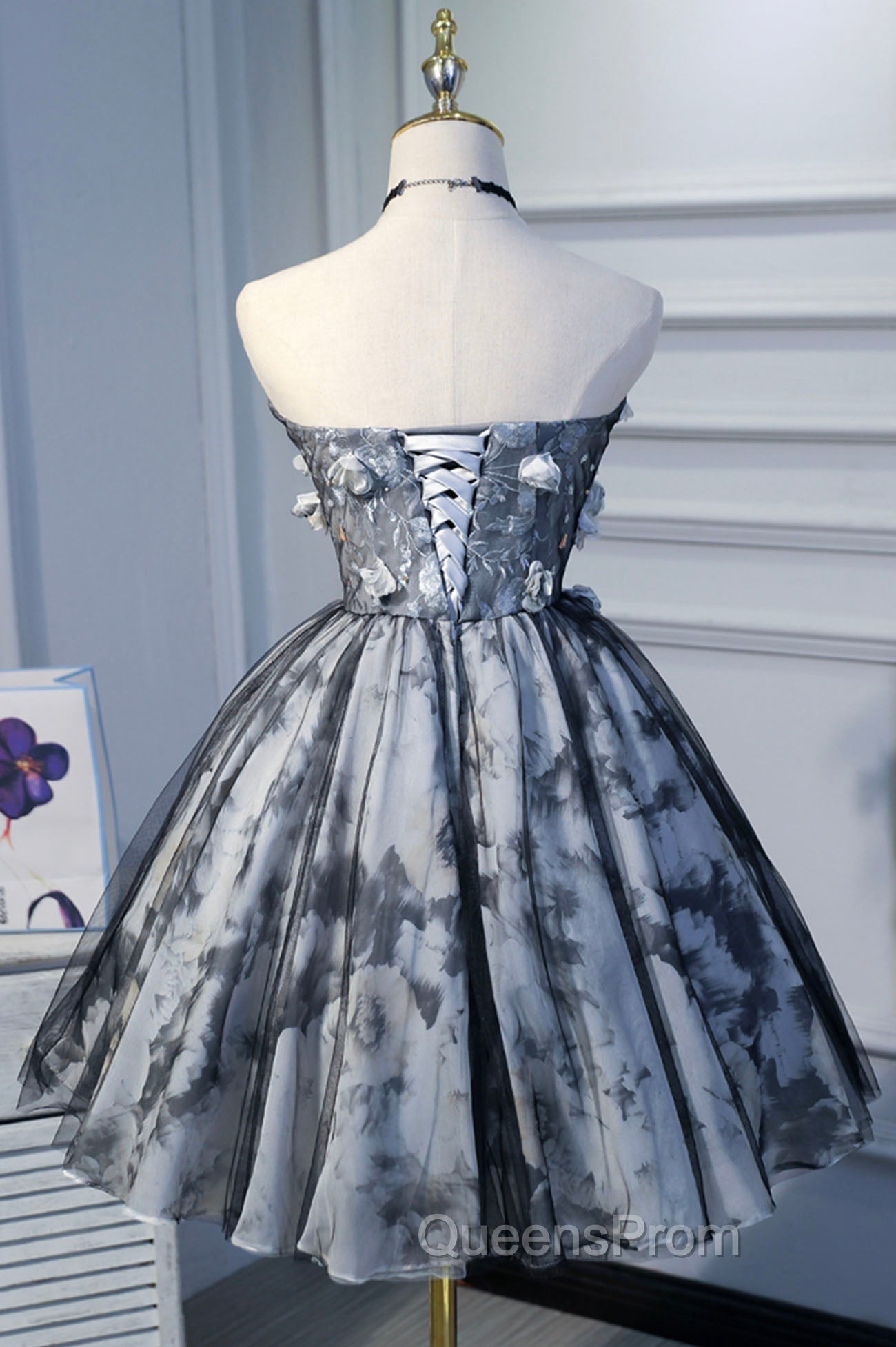 Gray Lace Strapless Short Evening Prom Dress, A-Line Sweetheart Neckline Party Dress