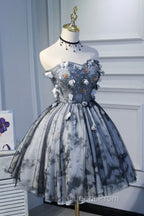 Gray Lace Strapless Short Evening Prom Dress, A-Line Sweetheart Neckline Party Dress