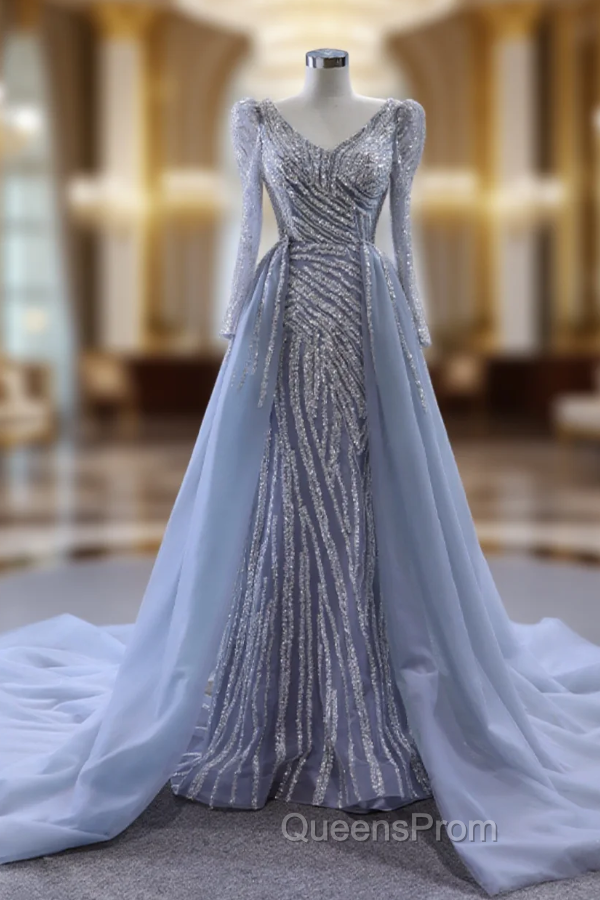 Gray Mermaid Long Sleeve Beading Evening Prom Dress With Detachable Train Main image