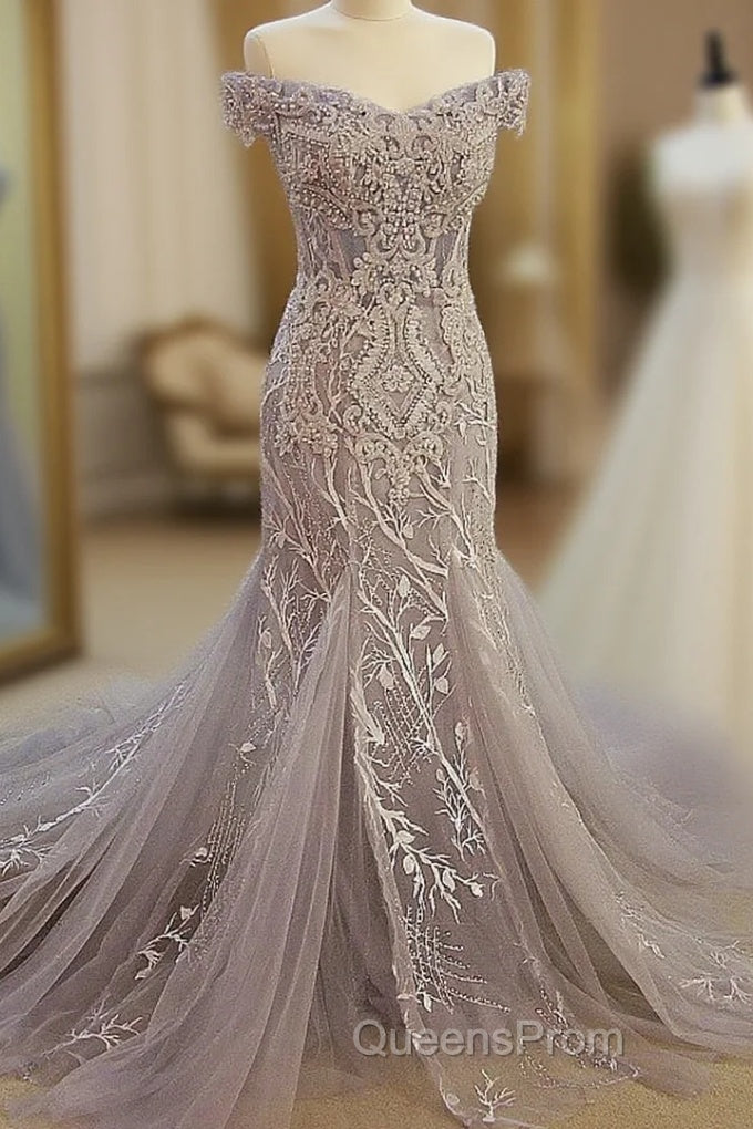 Gray Mermaid Off Shoulder Appliqued Lace Evening Prom Dress Main image