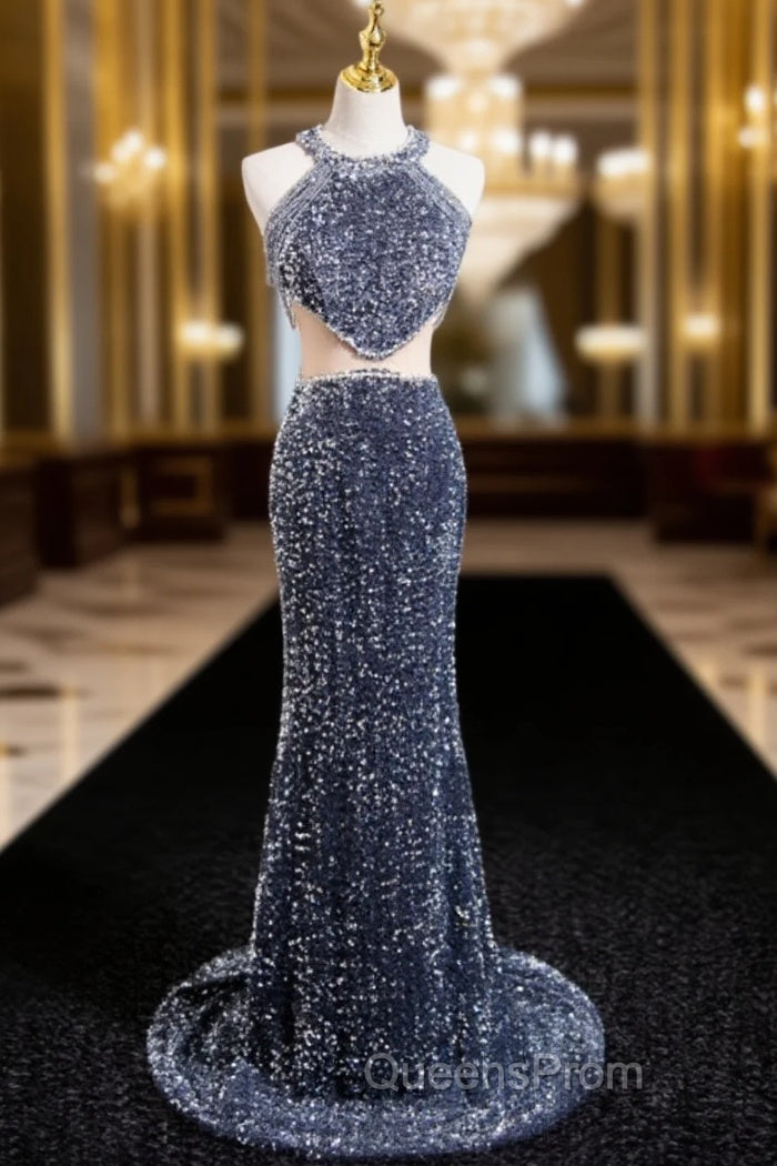 Gray Mermaid Sequins Halter Beading Evening Prom Dress Main image