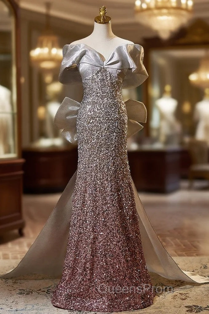 Gray Mermaid Sequins Off the Shoulder Evening Prom Dress