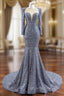 Gray Mermaid Sequins Pearls Long Sleeve Evening Prom Dress