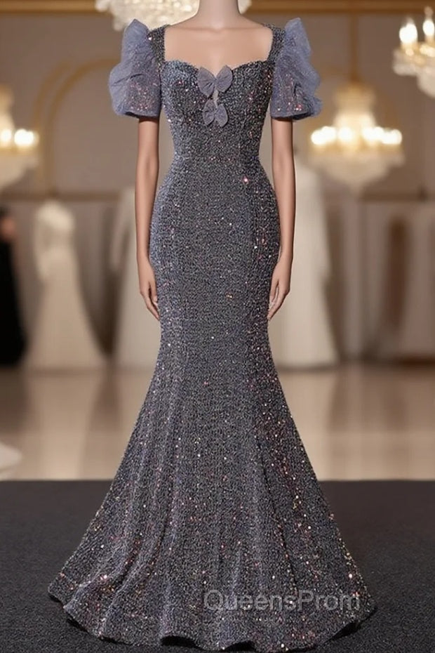 Gray Mermaid Sequins Short Sleeve Evening Prom Dress Main image