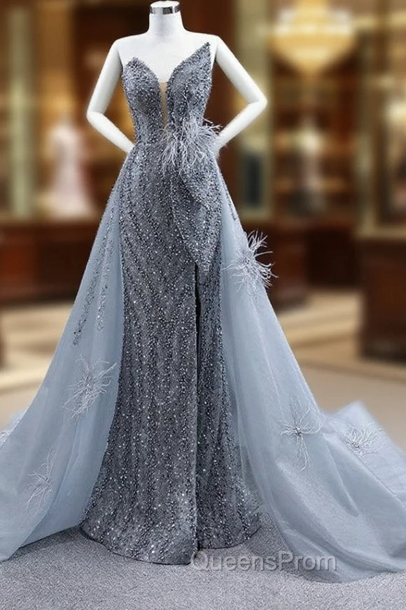 Gray Mermaid Sequins Strapless Pearls Feather Evening Prom Dress Main image