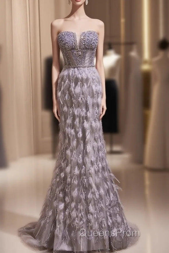 Gray Mermaid Strapless Feahther Beading Evening Prom Dress