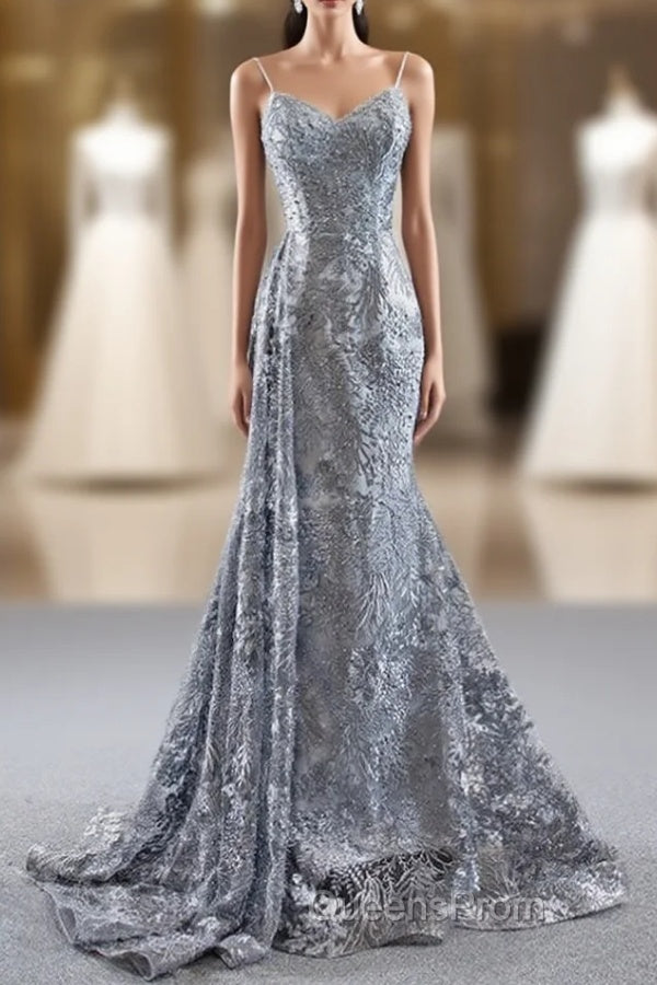 Gray Mermaid Tulle Embroidery Spagehtti Straps Pearls Evening Prom Dress