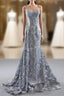 Gray Mermaid Tulle Embroidery Spagehtti Straps Pearls Evening Prom Dress