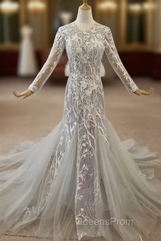 Gray Mermaid Tulle Lace Appliques Long Sleeve Evening Prom Dress Main image