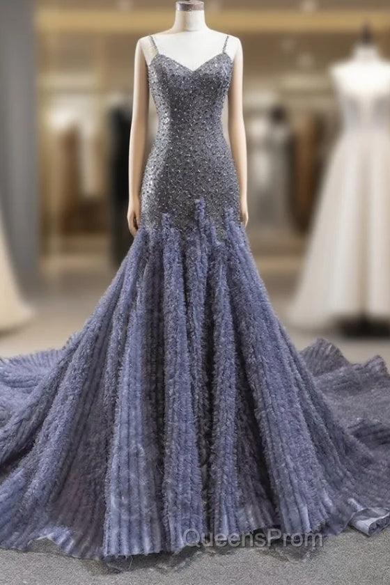 Gray Mermaid Tulle Sequins Spaghetti Straps Beading Evening Prom Dress With Train Main image