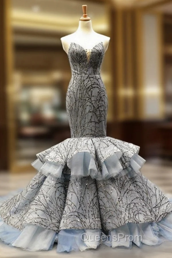 Gray Mermaid Tulle Sequins Sweetheart Evening Prom Dress With Train