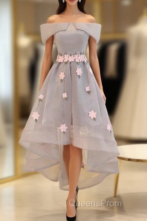 Gray Off the Shoulder  Flower Evening Prom Dress
