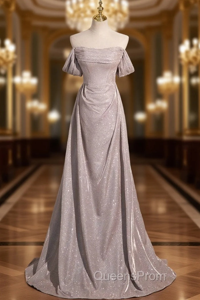 Gray Off the Shoulder Pleats Evening Prom Dress