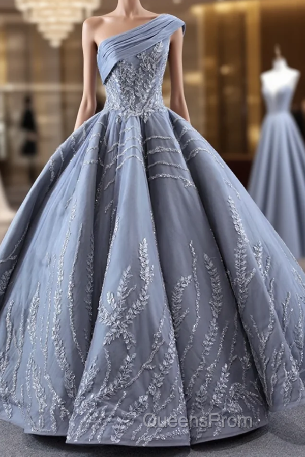 Gray One Shoulder Appliques Beading Evening Prom Dress Main image