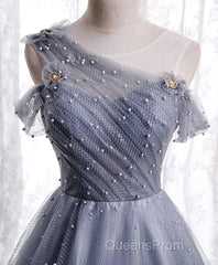Gray One Shoulder Tulle Long Evening Prom Dress Gray Tulle Evening Dress