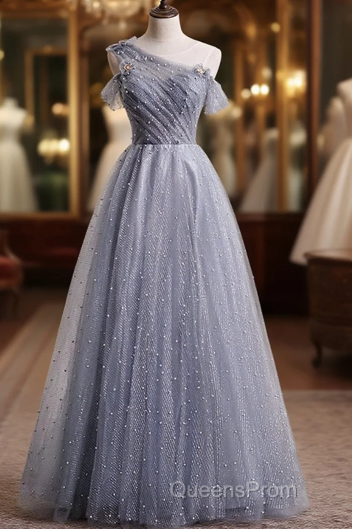 Gray One Shoulder Tulle Long Evening Prom Dress Gray Tulle Evening Dress Main image