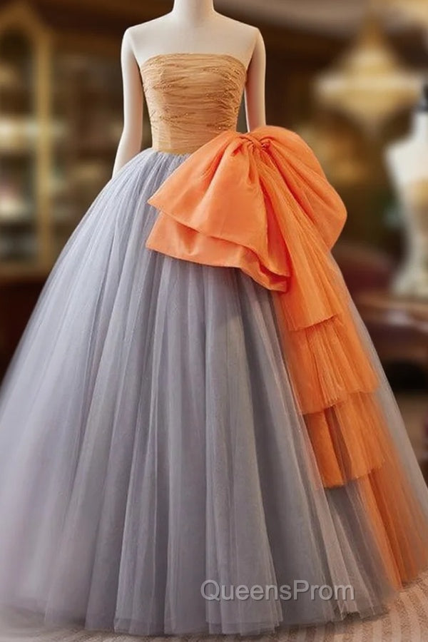 Gray Orange Tulle Strapless Pleats Beading Quinceanera Dress