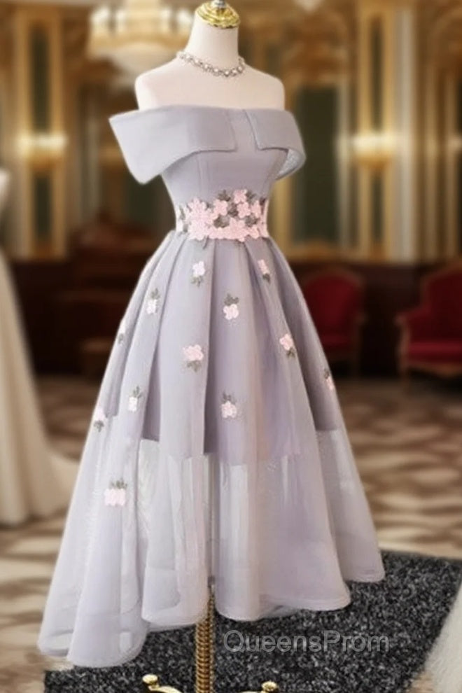 Gray Organza Hight-Low Evening Prom Dress, Gray Bridesmaid Dress Main image