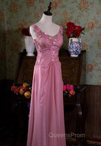 Gray Pink Retro Mermaid V-Neck Chiffon Beaded Long Evening Prom Dress Sweet Applique Birthday Dress