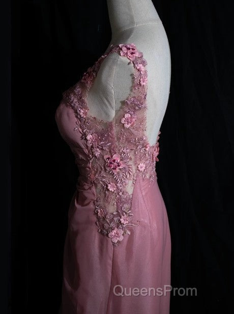 Gray Pink Retro Mermaid V-Neck Chiffon Beaded Long Evening Prom Dress Sweet Applique Birthday Dress