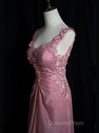 Gray Pink Retro Mermaid V-Neck Chiffon Beaded Long Evening Prom Dress Sweet Applique Birthday Dress