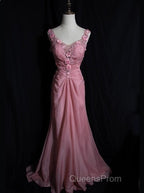 Gray Pink Retro Mermaid V-Neck Chiffon Beaded Long Evening Prom Dress Sweet Applique Birthday Dress