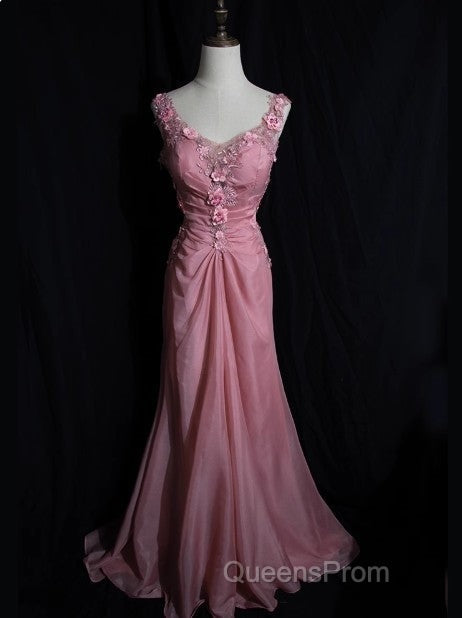 Gray Pink Retro Mermaid V-Neck Chiffon Beaded Long Evening Prom Dress Sweet Applique Birthday Dress
