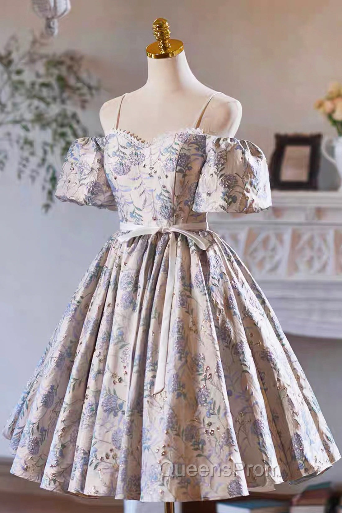 Gray Print Short Evening Prom Dress Dress, Lovely Spaghetti Strap Evening Party Dress Secondary image