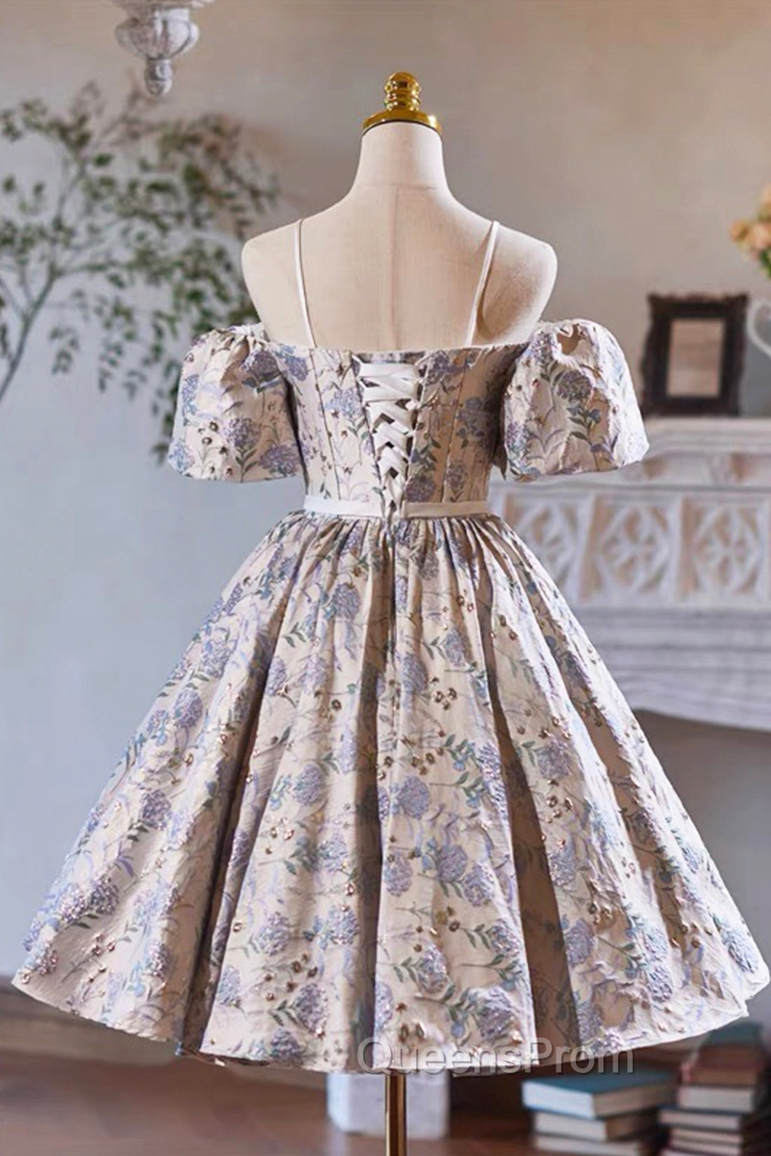Gray Print Short Evening Prom Dress Dress, Lovely Spaghetti Strap Evening Party Dress