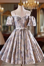 Gray Print Short Evening Prom Dress Dress, Lovely Spaghetti Strap Evening Party Dress