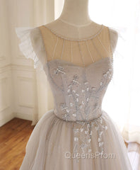 Gray Purple Round Neck Tulle Long Evening Prom Dress, A line Evening Graduation Dress