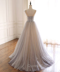 Gray Purple Round Neck Tulle Long Evening Prom Dress, A line Evening Graduation Dress