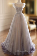 Gray Purple Round Neck Tulle Long Evening Prom Dress, A line Evening Graduation Dress