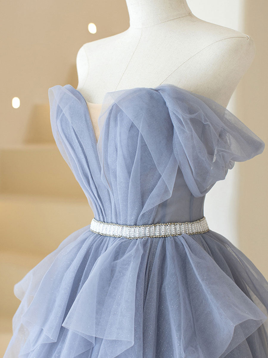 Gray Purple Tulle Long Classy Prom Dress, Purple A Line Prom Dress