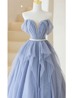 Gray Purple Tulle Long Classy Prom Dress, Purple A Line Prom Dress
