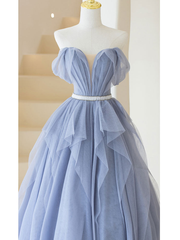 Gray Purple Tulle Long Classy Prom Dress, Purple A Line Prom Dress
