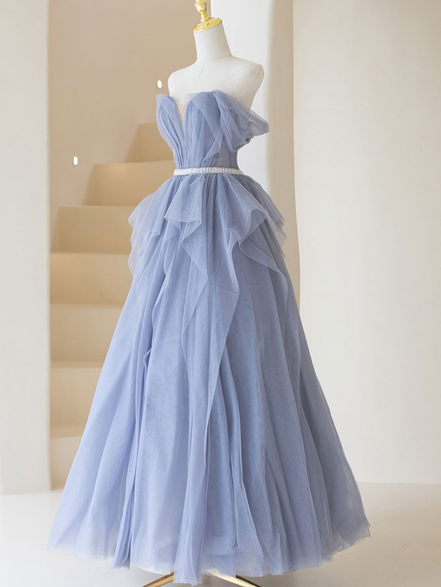 Gray Purple Tulle Long Classy Prom Dress, Purple A Line Prom Dress