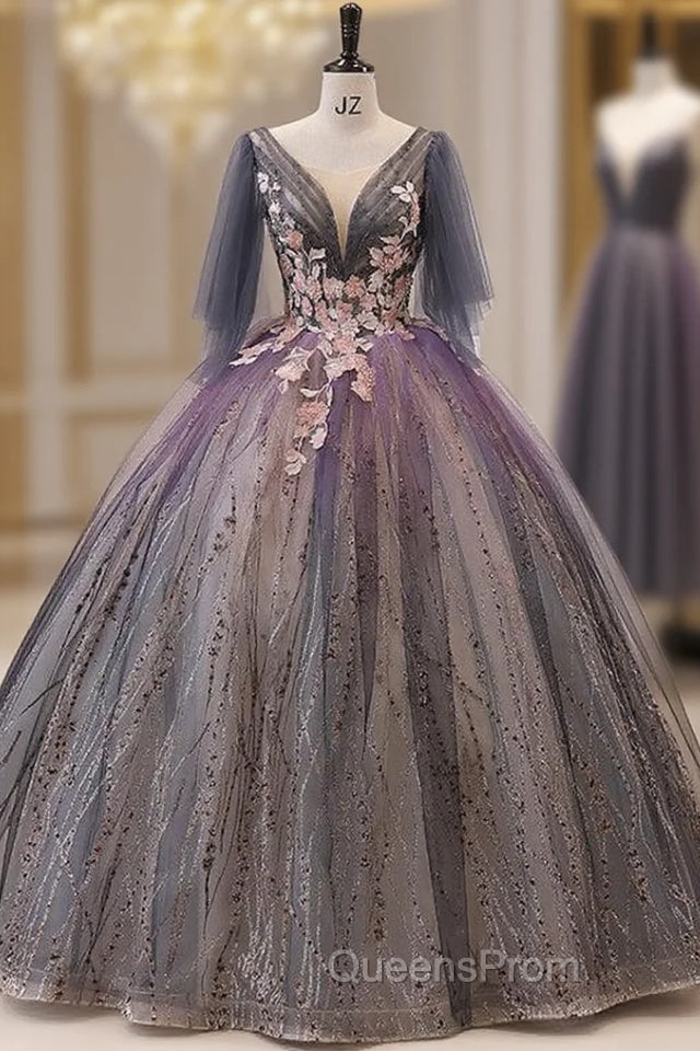 Gray Purple Tulle Sequins Appliques Quinceanera Dress Main image