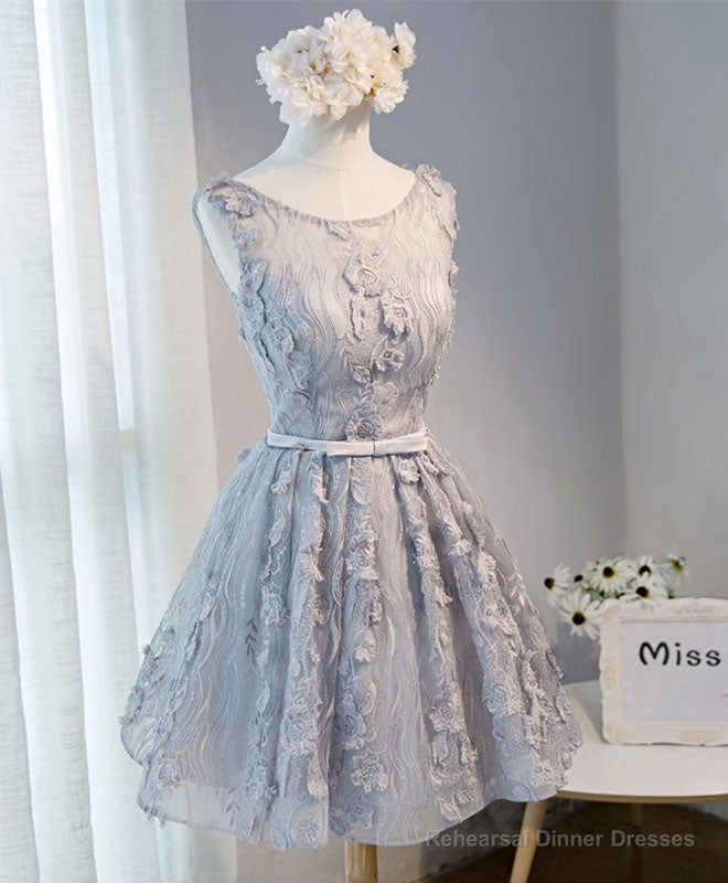 Gray Round Neck Lace Short Prom Dress, Cute Lace Homecoming Dress Main image