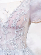 Gray Round Neck Tulle Lace Long Evening Prom Dress, Gray Tulle Evening Dress