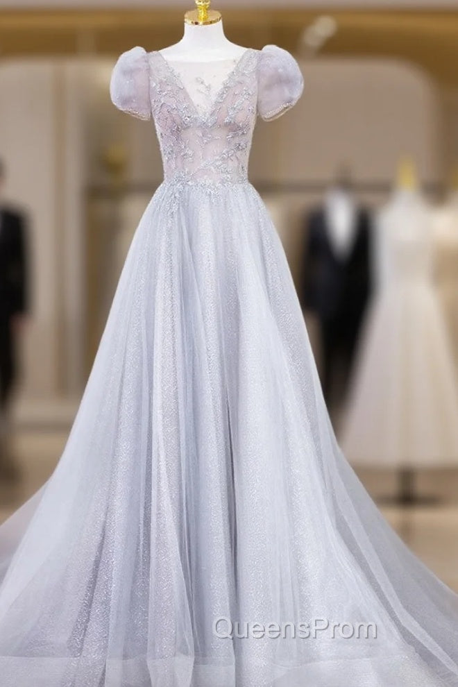 Gray Round Neck Tulle Lace Long Evening Prom Dress, Gray Tulle Evening Dress Main image