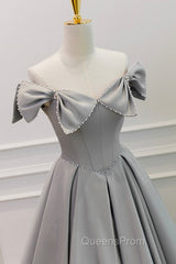 Gray Satin Floor Length Evening Dress with Pearls, Cute A-Line Evening Prom Dress