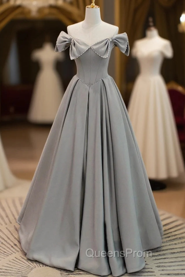 Gray Satin Floor Length Evening Dress with Pearls, Cute A-Line Evening Prom Dress Main image