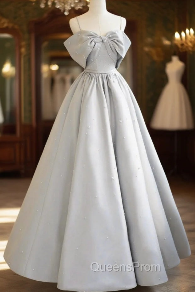 Gray Satin Long Evening Prom Dress, A-Line Spaghetti Straps Evening Graduation Dress Main image
