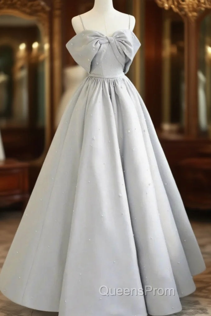 Gray Satin Spaghetti Straps Pearls Evening Prom Dress