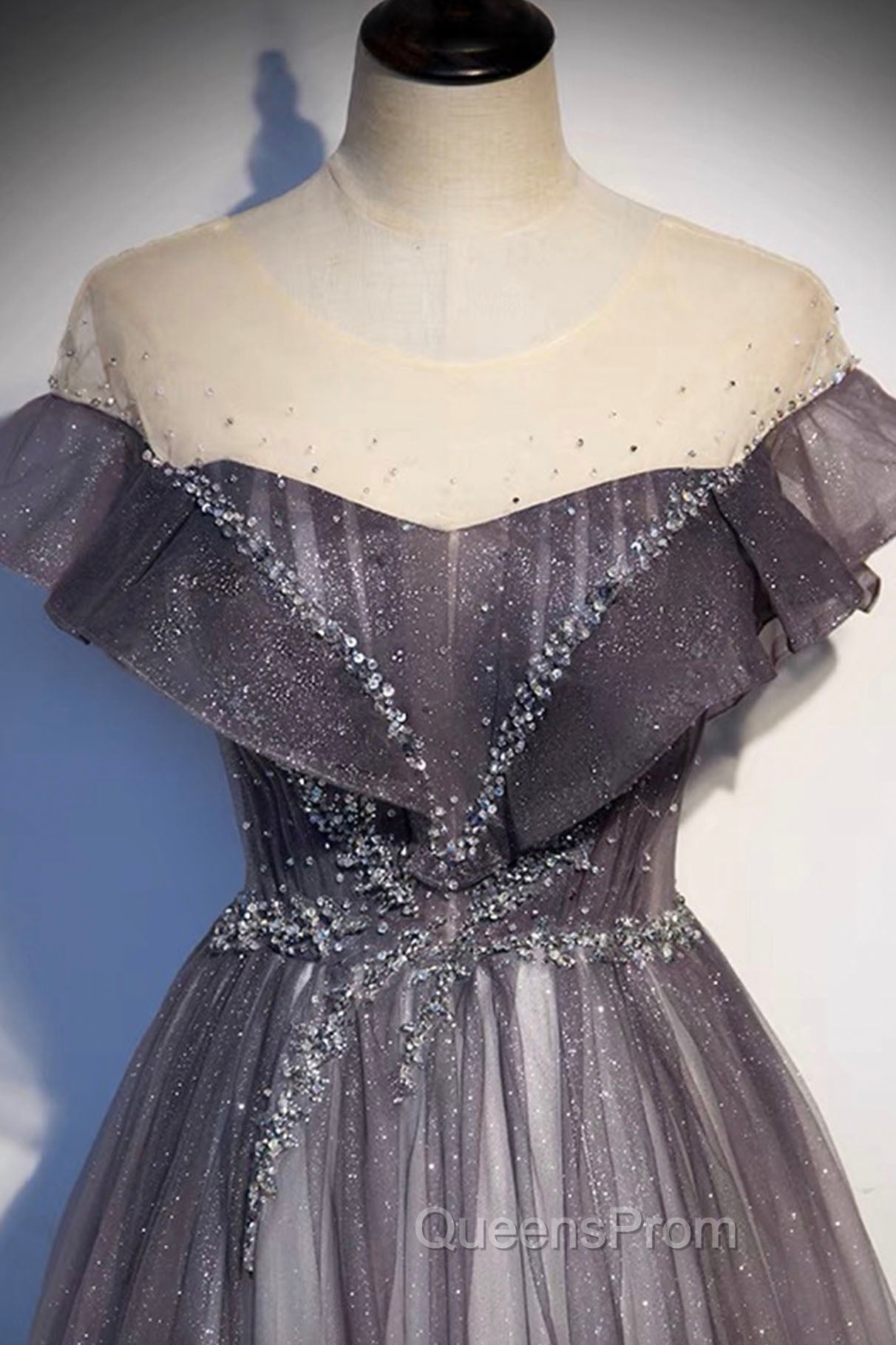 Gray Scoop Neckline Tulle Long Evening Dress, A-Line Evening Graduation Dress