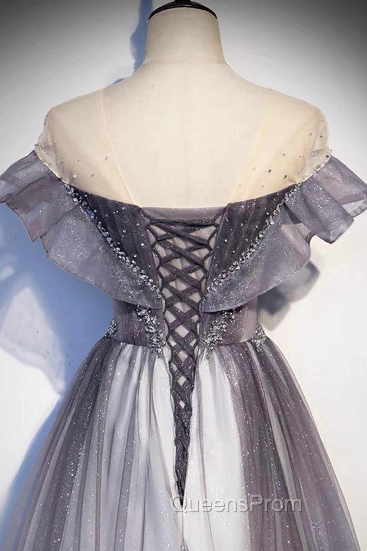 Gray Scoop Neckline Tulle Long Evening Dress, A-Line Evening Graduation Dress