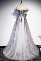 Gray Scoop Neckline Tulle Long Evening Dress, A-Line Evening Graduation Dress